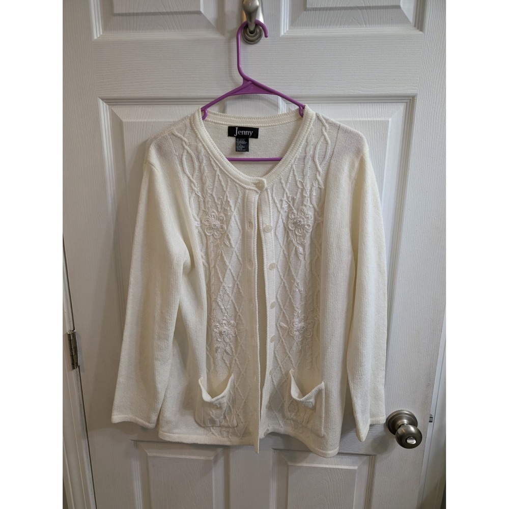Jenny Cream Cable Knit Embroidered Floral Cardigan Sweater Womens - Size L
